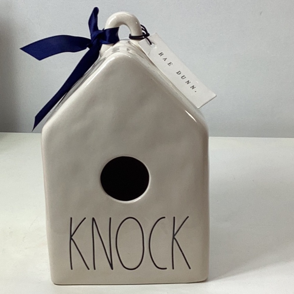 Rae Dunn Cream Ceramic BirdHouse with KNOCK on Fronf - Picture 1 of 10